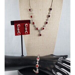 Red Crystal Choker Rhinestone Necklace Earring 3 Piece Set Bridal Prom Pageant